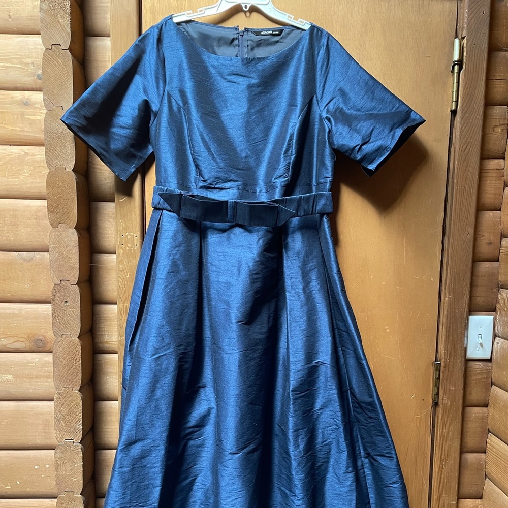 Belted Eshakti Dupioni Dress in Iridescent Navy